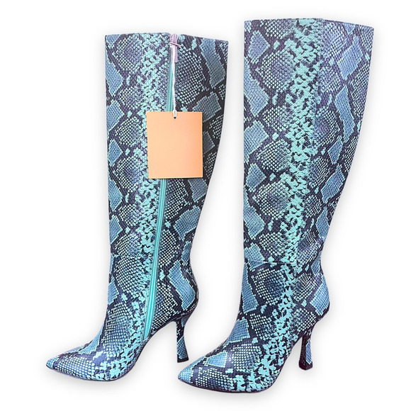 Gianni Bini Lennoxe Snake Print Leather Tall 4" Heel Black Teal Boots 6.5 NWT - Picture 2 of 13